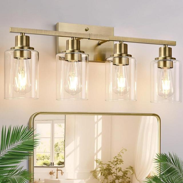 Indoi 4 Light Bathroom Light Fixtures, Brass Vanity Lights for Bathroom with Clear Glass Shades, Modern Bathroom Wall Sconces for Mirror Living Room Cabinet