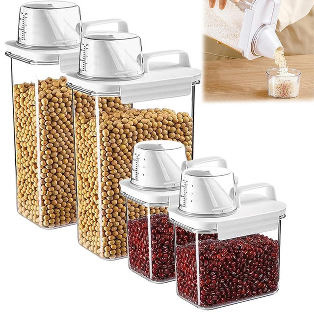 Storage Cereal Organizers Containers Sets , Food Grade BPA free PET Material Reusable，Airtight food storage containers with lids， kitchen organizers and storage Total(2 pcs 2300ml 2 pcs 1100ml)