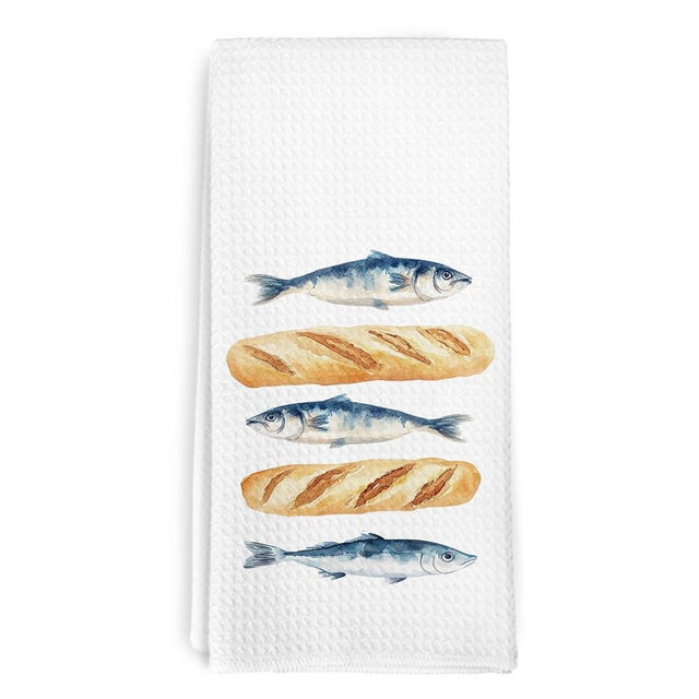 dvhdajed Christian Bread and Fish Kitchen Towels, Jesus Feeds 5000 Decor Dish Hand Towels, Religious Scripture Decorative Hand Dish Tea Towel for Bathroom Kitchen, Christian Home Decor, 16x24 Inch