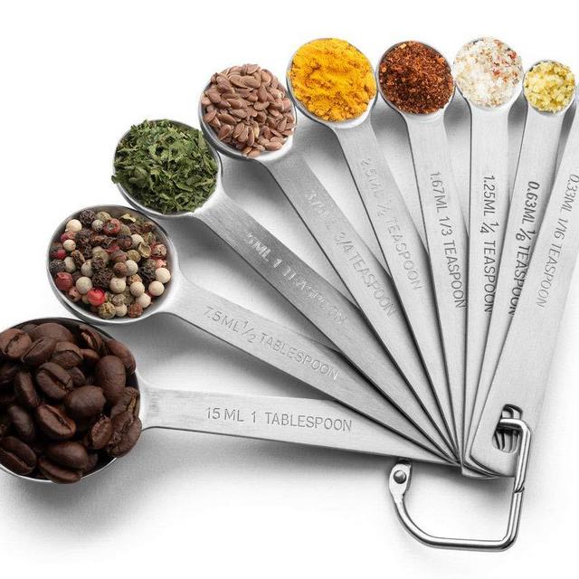 Bellemain Stainless Steel Measuring Spoon Set with D-Ring Holder, for Dry and Liquid Ingredients (9 piece set)