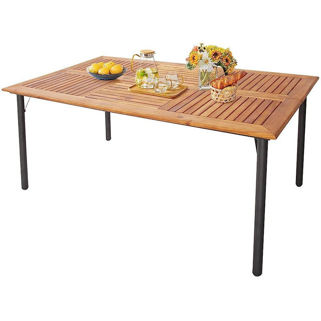 Tangkula Patio Acacia Wood Dining Table for 6 Persons, Large Rectangular Dining Table with Metal Legs, Umbrella Hole, Farmhouse Indoor Outdoor Dining Furniture for Yard Deck Lawn, 63”L x 36”W x 30”H