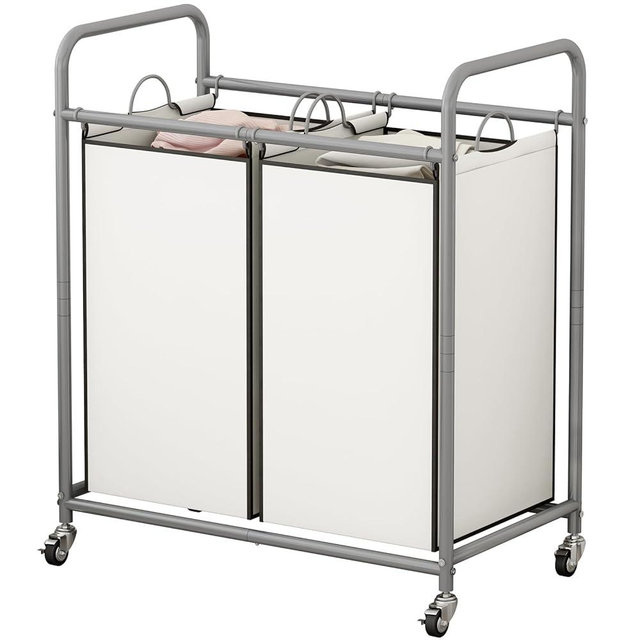 SUOERNUO Laundry Sorter Basket 2 Bag Laundry Hamper Cart with Rolling Removable Bags Laundry Organizer Cart for Clothes Storage, Beige (2 Bags, Beige)