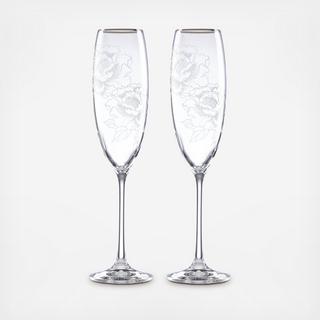 Silver Peony Champagne Toasting Flute, Set of 2