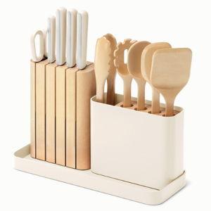 Wooden Utensil Set & Knife Block | Stainless Steel | Cream