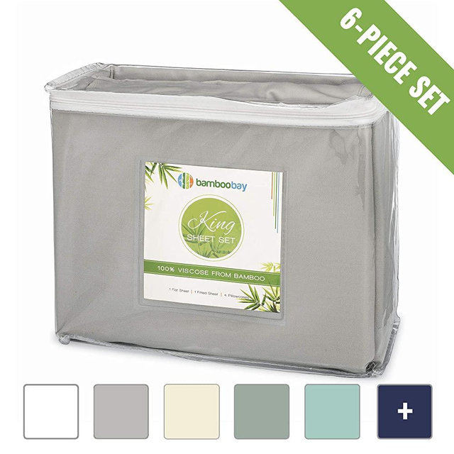 100% Viscose from Bamboo Sheets - Soft, Cool 6-Piece Bamboo Sheet Set - Extra Deep Pocket, No-Slip Fitted Sheet - Comfy and Hypoallergenic (King, Light Grey)