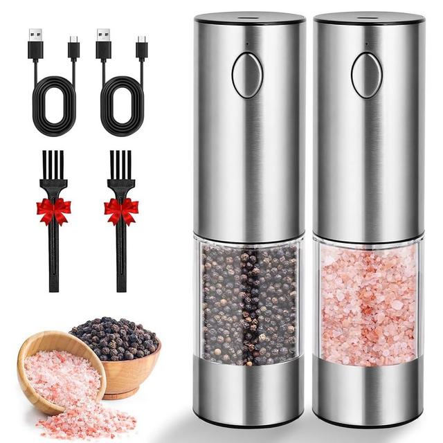 Enutogo Electric Salt and Pepper Grinder Set, Rechargeable Salt and Pepper Shakers Refillable, Automatic Pepper Mill with Adjustable Coarsenes, One Hand Operation with LED light, Stainless Steel