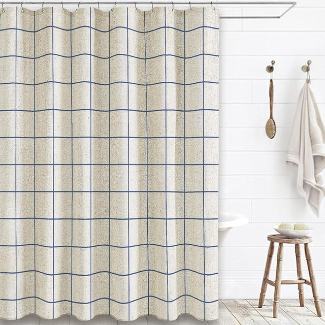 WOUVMA Farmhouse Plaid Shower Curtain Beige Linen Shower Curtains for Bathroom Natural Blue Pattern 72 x 72 Inch