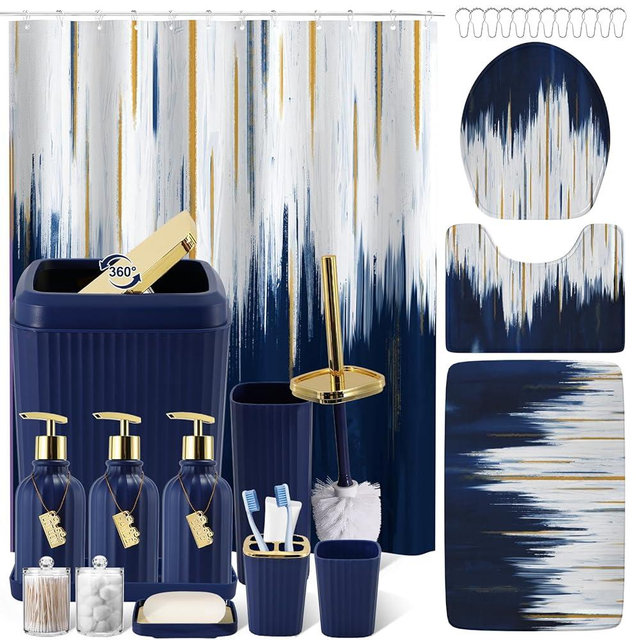 WSBArt 32PC Bathroom Sets with Shower Curtain and Rugs-Navy Blue Bathroom Accessories,Non Slip Bathroom Rugs Set with Toilet Lid Cover, Waterproof Shower Curtain, 3PC Soap Dispenser with Trash Can