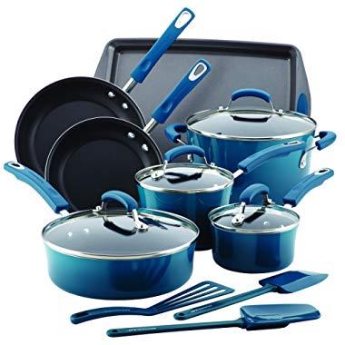 Rachael Ray 17626 Brights Nonstick Cookware Pots and Pans Set, 14 Piece, Marine Blue