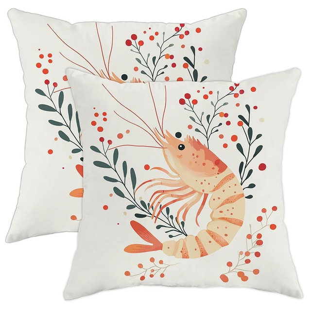 Plant Coastal Shrimp Pillow Covers 16x16 Set of 2, Comfy Modern Minimalist Prawn Printing Velvet Pillow Cases Kit with Zipper, Ocean Life Decor for Sofa Living Room Bed