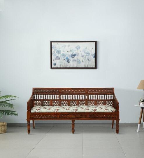 Avantika Sheesham Wood 3 Seater Sofa In Honey Oak Finish,
