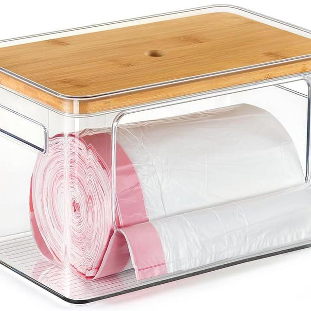 Hudgan Stackable Storage with Bamboo Top for Kitchen Laundry Room Organization, Extra Large Trash Bag/Garbage Bag Dispenser