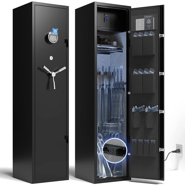 XDeer RS100 5-Gun Biometric Safe for Home Rifles and Pistols, with Power Outlet Kit and Removable Gun Rack, Advanced Electromagnetic Lock, Heavy-Duty Rifle Safe