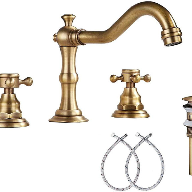 GGStudy 8 inch 2 Handles 3 Holes Widespread Bathroom Sink Faucet Antique Brass Bathroom Vanity Faucet Basin Mixer Tap Faucet Matching Metal Pop Up Drain with Overflow