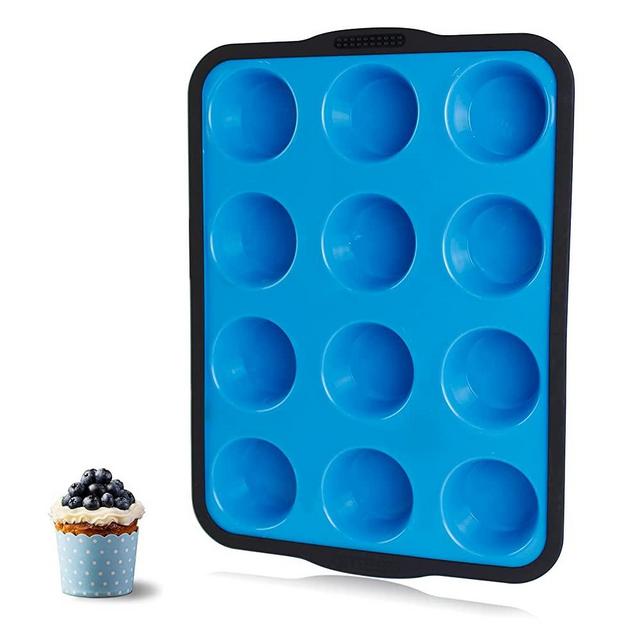 Non-Stick Silicone Muffin Pan With Reinforced Stainless Steel Frame Inside,12 Cup Regular Muffin Baking Mold, 12 Cup Muffin Tin, BPA Free,Dishwasher Safe,Aichoof-Blue