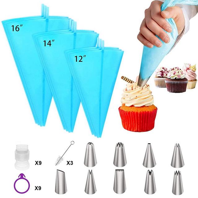 Ouddy Pastry Bags, Reusable Icing Piping Bags and Tips Set with Cake Decorating Bags(12''+14''+16''), 9 Frosting Bags, 9 Standard Couplers, 9 Icing Bag Ties Baking Supplies