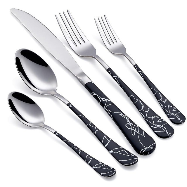 LKTDYMEG 20-Piece Black crack Silverware Set 18/0 Stainless Steel Silverware Set Black crack Handle Cutlery Set Service for 4 Dinner Knives Forks Spoons Set Flatware Set Finish Dishwasher Safe