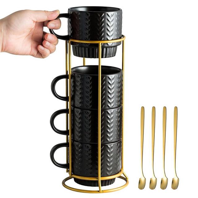 Miamolo Stackable Coffee Mugs, Coffee Mug Set of 4 with Spoons & Stand, 13oz Espresso Cups for Drinks Latte Cappuccino Tea, Coffee Cup for Housewarming Birthday Gift, Dishwasher Safe, Black