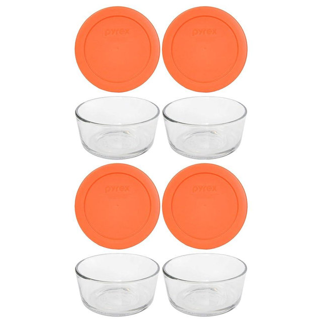 Pyrex (4 7200 2 Cup Glass Dishes & (4) 7200-PC 2 Cup Orange Lids - Made in the USA