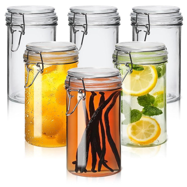 ComSaf Glass Jars with Airtight Lid Set of 6，Mason Jars 16 oz with Lids, Vanilla Jars, Juice Jars, Pint Jars, Canning Jars, Airtight Canister with Seal Wire Clip Fastening for Pickle, Cookie, Honey