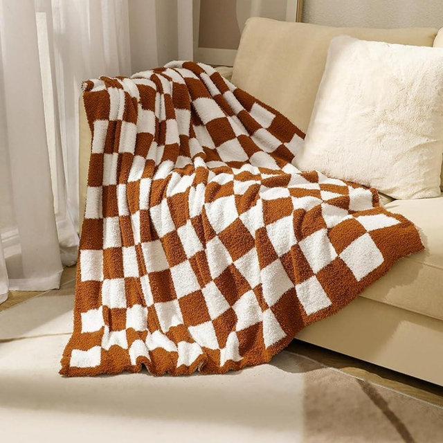 Soft Checkered Throw Blanket, Ultra Cozy Knit Yellow Throw Blanket Fluffy Fuzzy Reversible Checkerboard Blanket for Travel Couch Sofa Bed Decor, 51x63 inches, Khaki