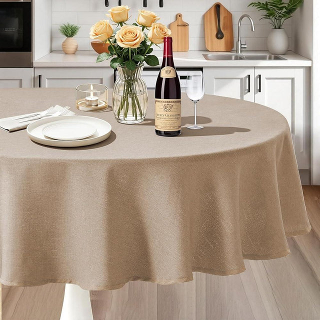 IVAPUPU Textured 54 Inch Round Tablecloth - Khaki Waterproof Spill-Proof Fall Table Cloth Wrinkle Free Circle Dining Tablecover for Birthday Easter Holiday Farmhouse Party Decor 1-3 Seats
