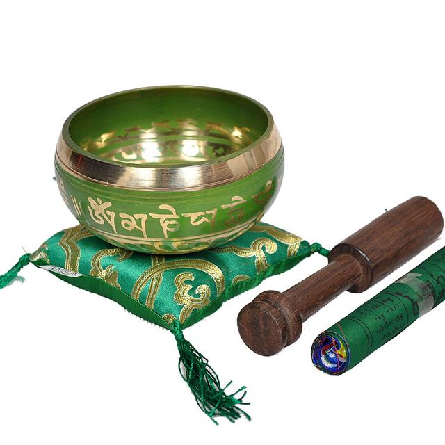 Tibetan Singing Bowl Set By Dharma Store - With Traditional Design Tibetan Buddhist Prayer Flag - Handmade in Nepal (Green)