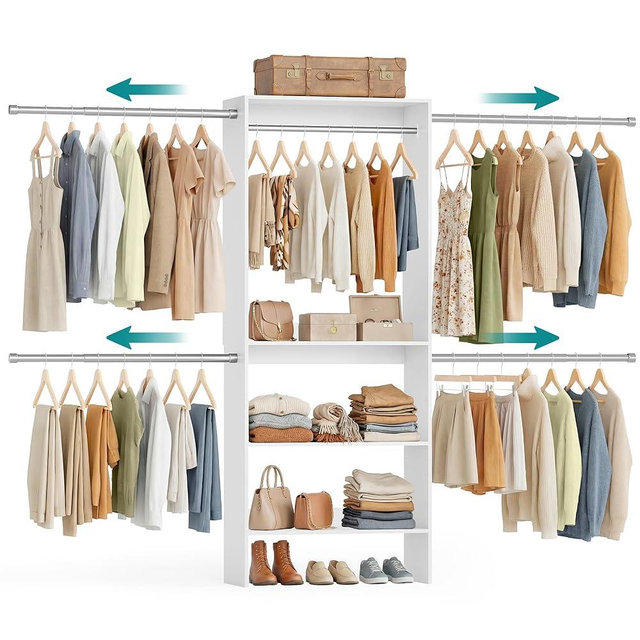 SONGMICS Closet System, Customizable Walk-In Closet Organizer System with Adjustable Hanging Rods and Storage Shelves, White, Fits Spaces 6.5-10.2 ft URGR041WZ01S