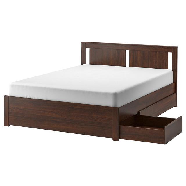 SONGESAND Bed frame with 4 storage boxes, brown, QueenShow measurements specifications