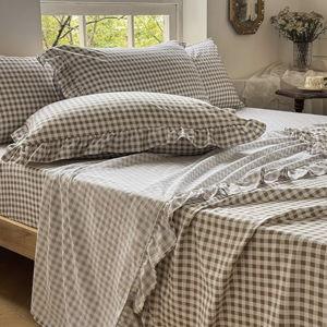 NSNLGSGC Tan Gingham Ruffle King Sheet Set, Taupe Soft Pre-Washed Microfiber Plaid King Bed Sheets, 4-Pieces Farmhouse Sheet Set with Deep Pocket