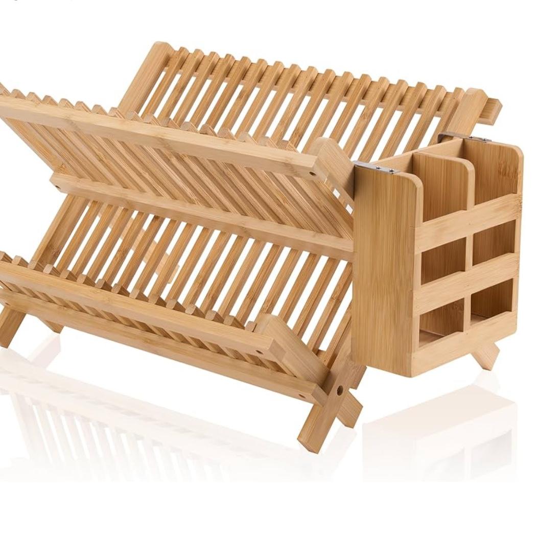 Bamboo Dish Drying Rack-2 Tier, Collapsible Small Dish Rack with Utensil Holder, Wooden Drying Rack for Kitchen Counter, Apartment Essentials Kitchen Plate Holder, Kitchen Organization