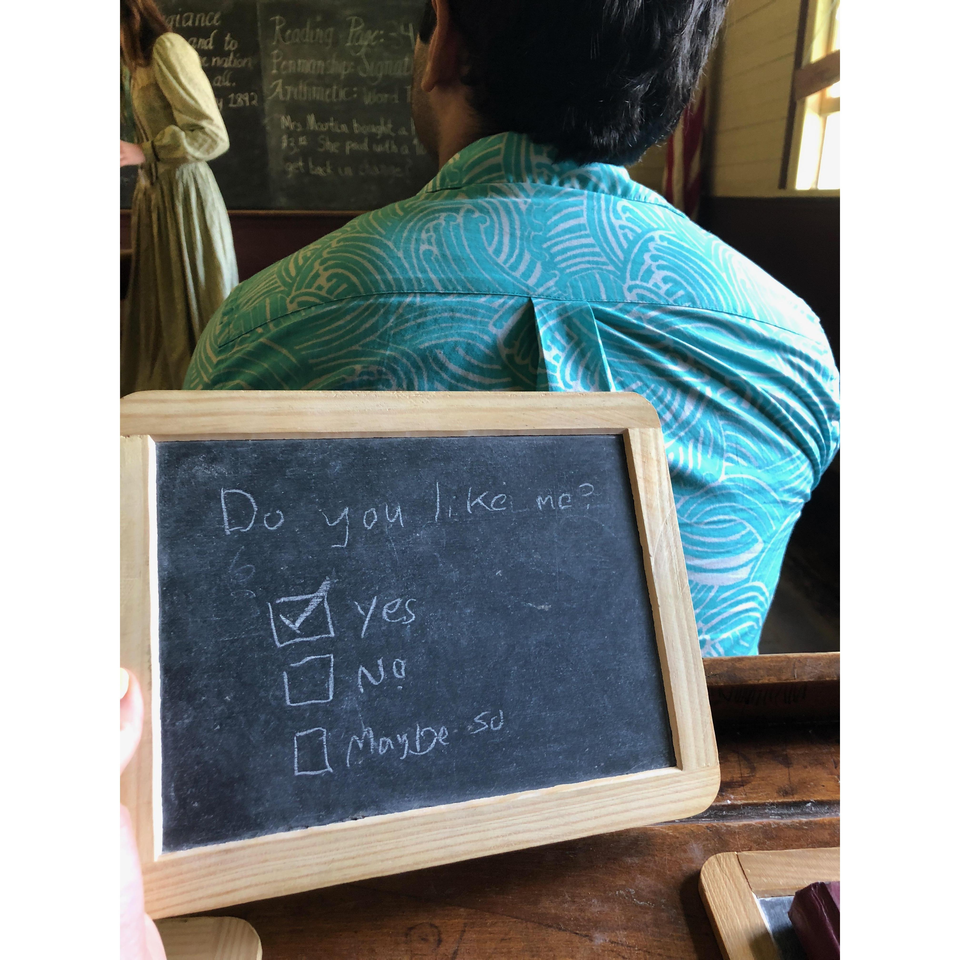 While visiting an old-timey schoolhouse at Napersettlement, Karth passed this note.