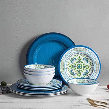 Melamine Dinnerware Set for 4, 12pcs Break-resistant Bowls and Plates Set for Camper Use, Service for 4, Dishwasher Safe, Indoor Outdoor Use