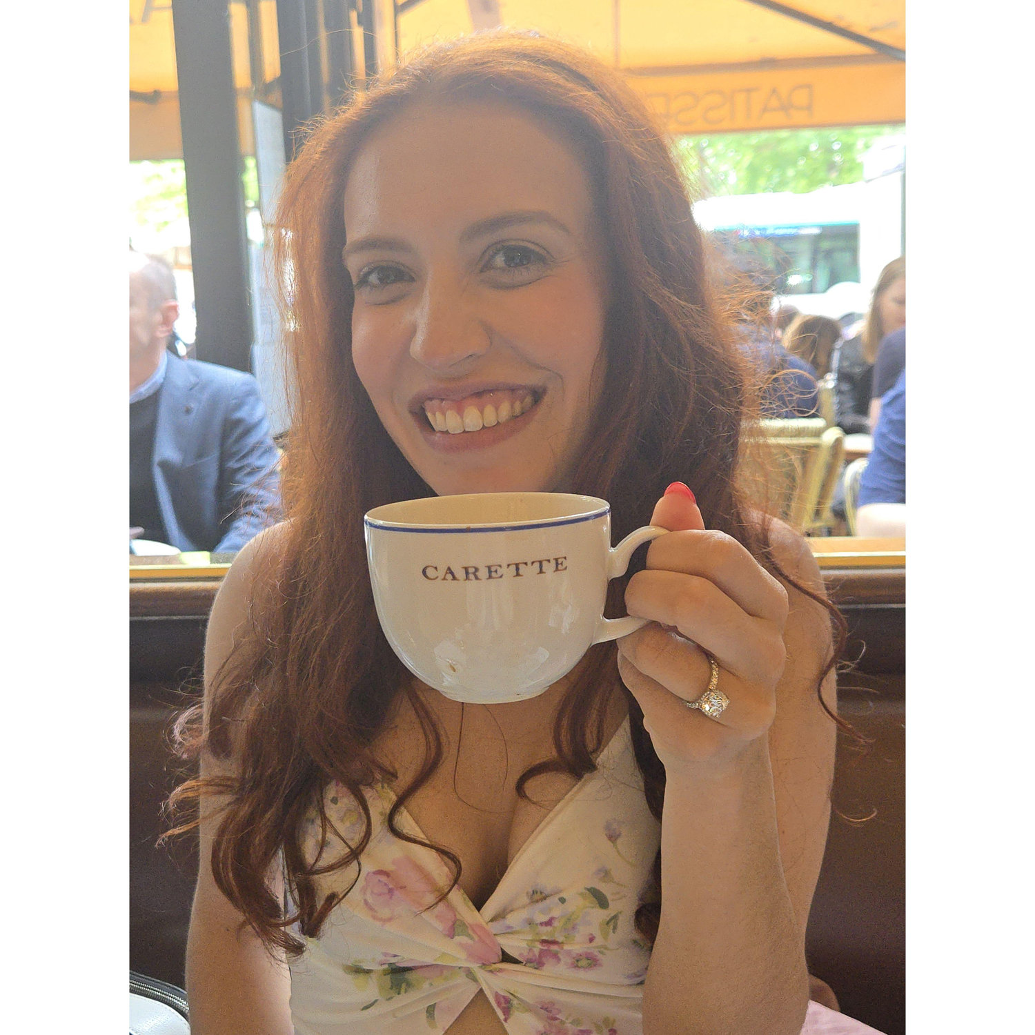 Rose enjoying her first coffee as a newly engaged lady