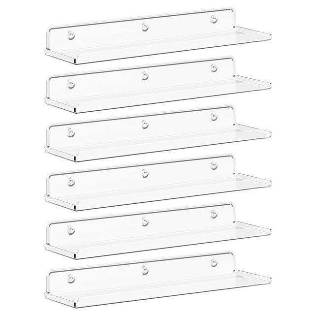 Lifewit Floating Shelves for Wall, 6 Pack 15" Clear Acrylic Shelf Room Decor for Book/Figures/Photo/Makeup in Bathroom, Book Shelf, Living Room, Bedroom, Kitchen Storage and Organization