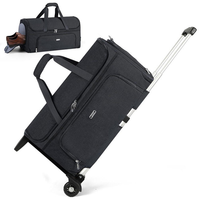 Lekespring Garment Bags with Wheels, Garment Convertible Weekender Bags, Large Carry On Garment Bags for Travel, Duffle Bag Garment Bag (Black, Medium)
