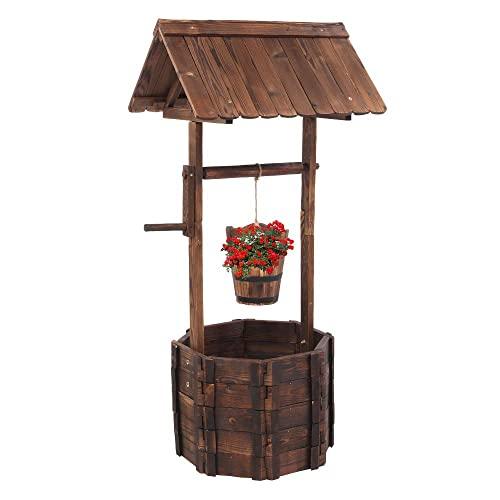 VINGLI Wooden Wishing Well Hanging Bucket, Rustic Flower Planter Patio Garden Ornamental, Outdoor Home Décor, Decorative Front Yard, Lawn