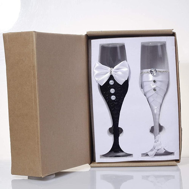 Bride and Groom Wedding Champagne Toasting Flute Anniversary Glasses with Silk Bow Tie and White Lace Trim Rhinestone Décor, Set of 2
