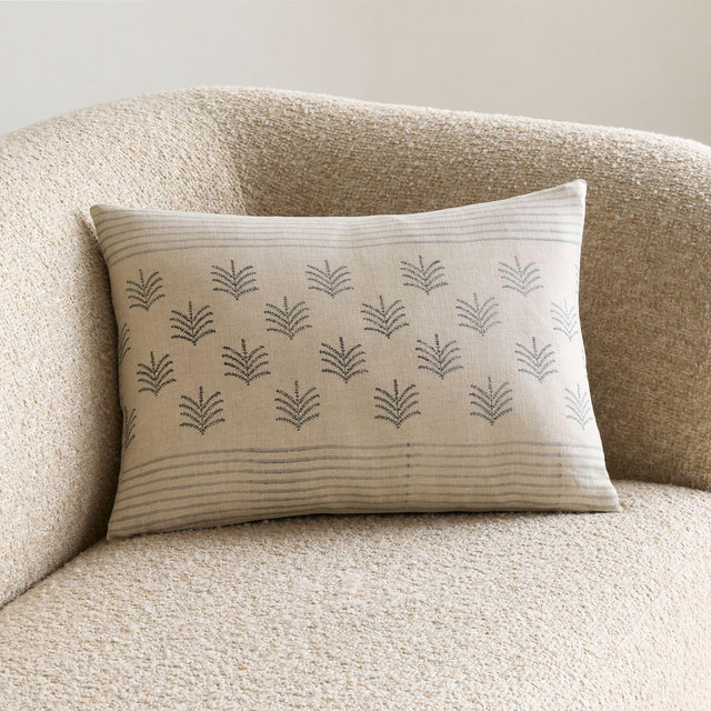 Mira Linen 22"x15" Blue Reversible Hand Printed Throw Pillow with Feather Insert