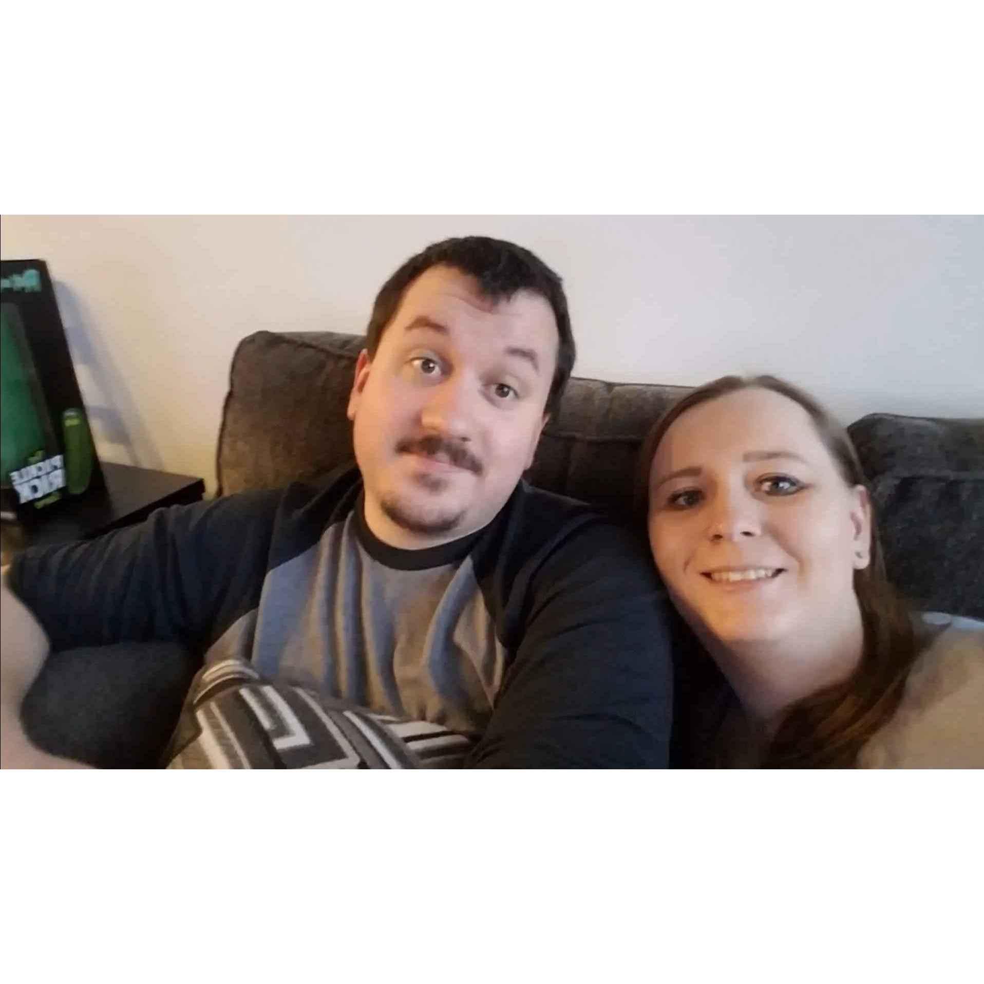 October 2017 - Selfie on our first couch, in our first apartment together.