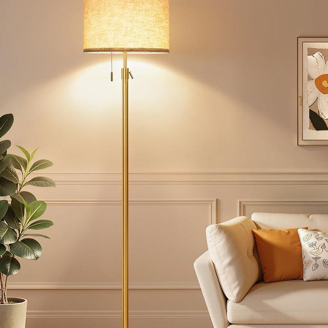 FUNNYBEHOM Modern Gold Floor Lamp for Living Room - Adjustable Height Standing Lamp with Marble Base & Linen Shade, 3-Way Dimmable Tall Floor Light for Bedroom, Reading, Bulb Included