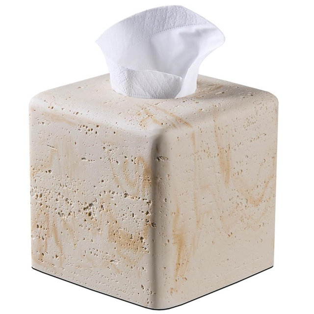 Natural Travertine Tissue Box Cover – Modern Resin Cube Holder for Bathroom, Bedroom, Office – Decorative Square Tissue Box for Countertop, Nightstand, Vanity & Desk – Heavy&Sturdy
