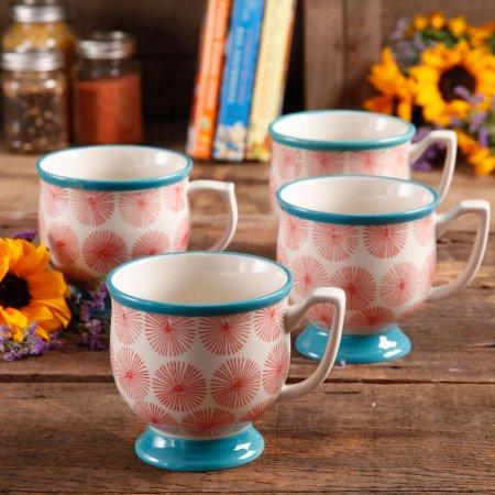 The Pioneer Woman Flea Market Happiness 15 oz Decorated Mugs, Red & Turquoise, Set of 4