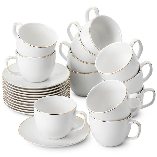 BTaT- White Tea Cups and Saucers, 8oz, Tea Cups Set of 12, Porcelain Tea Cups, White Cup & Saucer Sets, White Tea Cup Set of 12, Tea Cup Sets, Bulk Tea Cups and Saucers Set of 12, Mother's Day Gift
