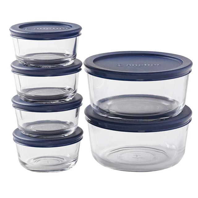 Anchor Hocking 12 Piece Round Food Storage Containers with BPA-Free Snugfit Navy Lids, Mixed Sizes, Reusable Lids, Tempered Tough for Oven, Fridge, and Freezer