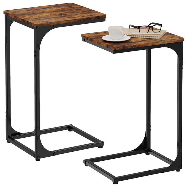 JCMCDO Narrow C Shaped End Tables Living Room TV Trays Set of 2, Small Thin Farmhouse Side Table Skinny Slide Under Couch Tray Tables for Sofa Bedroom Small Space 11.8 inch Width, Rustic Brown