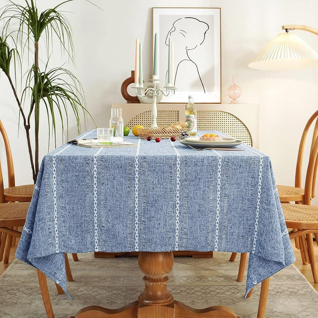 Chassic 60 x 84 inches Farmhouse Style Linen tablecloths, Wrinkle Resistant Washable Dining Room Table Cloths for Rectangle Tables - Hemstitch Blue