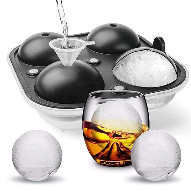 Cusbus Large Ice Cube Trays for Whiskey, 2.5" Flexible 4 Ice Balls Maker with Lids & 4 Bonus Funnels, BPA Free Round Silicone Ice Cube Molds, Reusable Sphere Ice Tray for Cocktail, Bourbon, Scotch