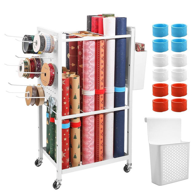 Essenhome Adjustable Wrapping Paper Organizer Cart with 12Pcs Slap Bands, Rolling Wrapping Paper Storage,Gift Wrap Storage, Blueprint Storage, Craft Organizers and Storage