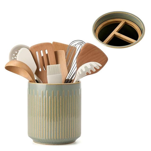 JIEMEI HOME Kitchen Utensil Holder, Ceramic Stable Utensil Crock for Kitchen Counter, 7.2" Large Utensil Organizer with Cork Mat, Removable Bamboo Divider for Kitchen Décor and Accessories, Cang Jia